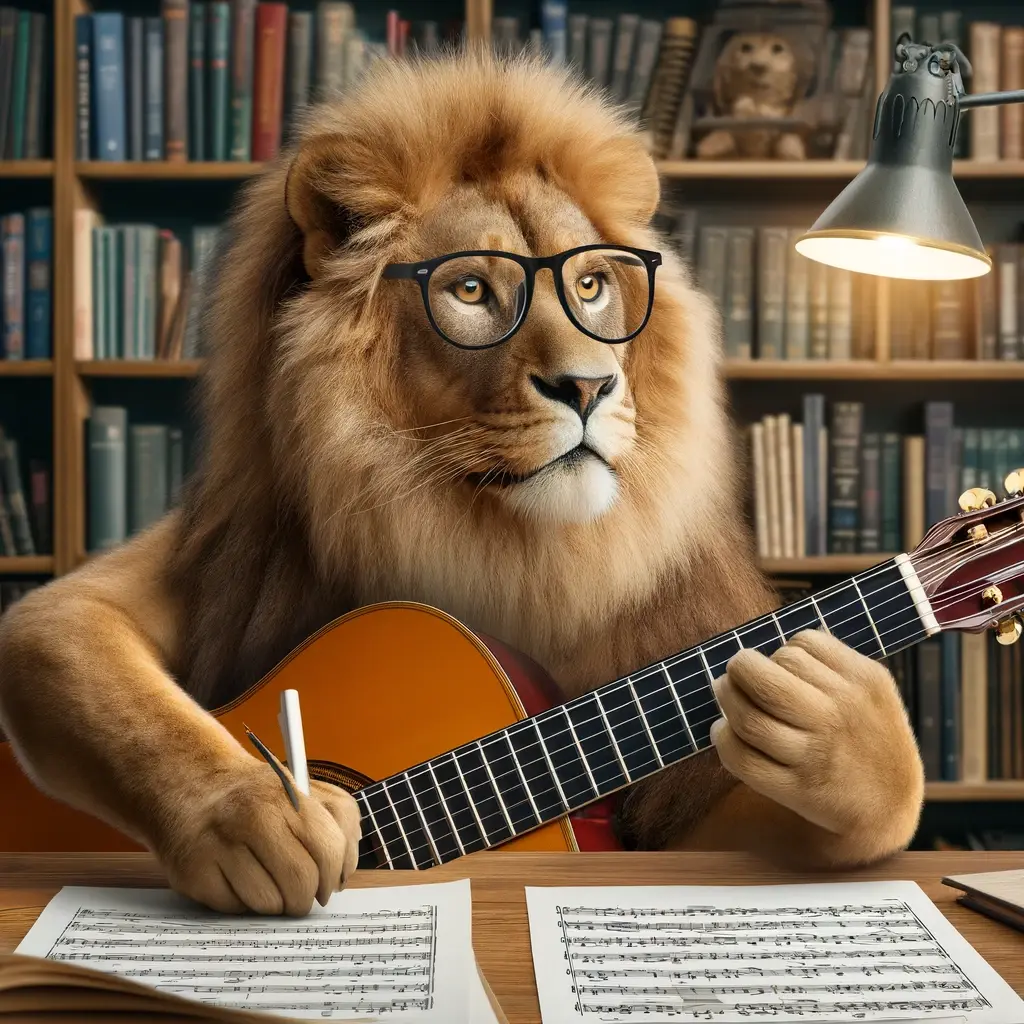 DALL·E 2024 05 22 14.14.14 A lion studying the guitar sitting at a desk with sheet music and a pencil wearing reading glasses and looking focused and academic. The background 2 The Last Tool