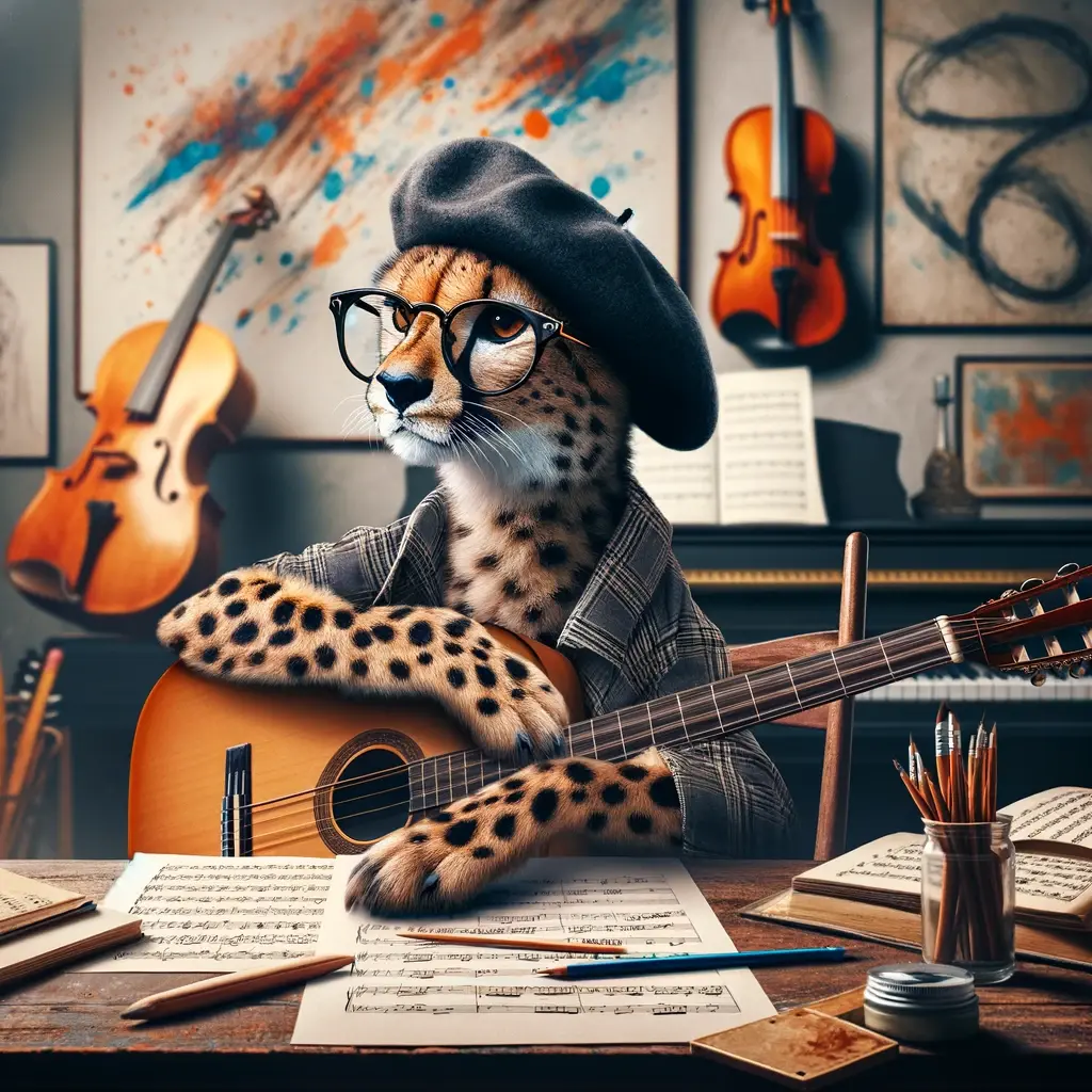 DALL·E 2024 05 22 14.46.21 A cheetah studying the guitar sitting at a desk with sheet music and a pencil wearing stylish but smart artist clothing like a beret and glasses lo 2 The Last Tool