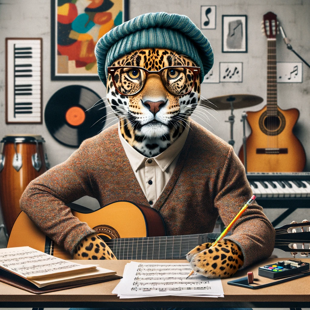 DALL·E 2024 05 22 14.49.00 A jaguar studying the guitar sitting at a desk with sheet music and a pencil wearing stylish artist clothing like a beanie and glasses looking both The Last Tool